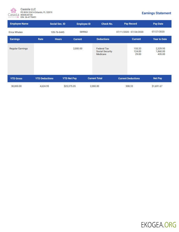 casiola llc, gains, bulletin de paie des employés